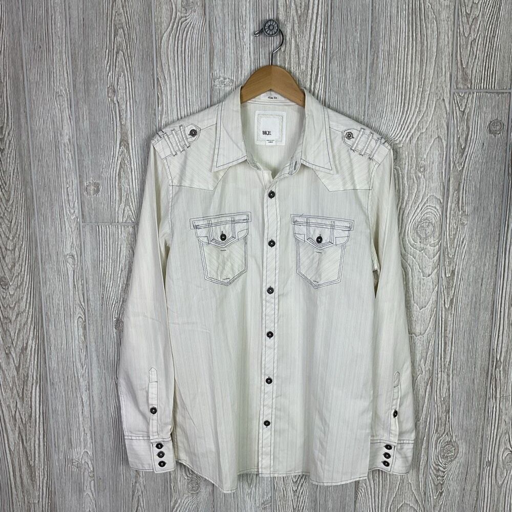 BKE Buckle Slim Fit Western Style Button Down Shirt Men’s Large Cream Color Blue